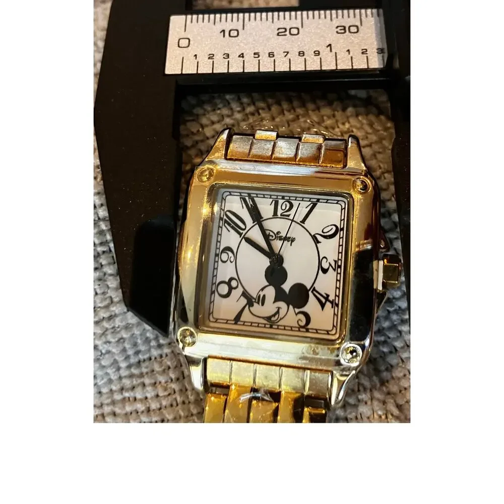 Mickey Mouse Watch‎ Gold Tone, New with Box, New Battery, Square, Bracelet